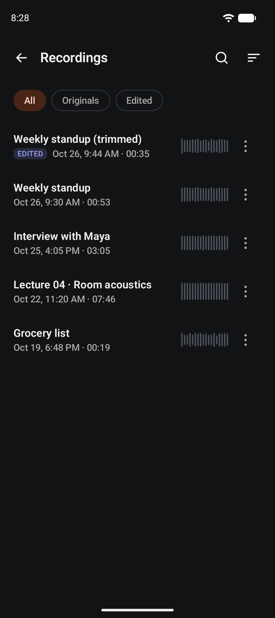 ClearRec library listing recordings with waveform previews and an Edited badge