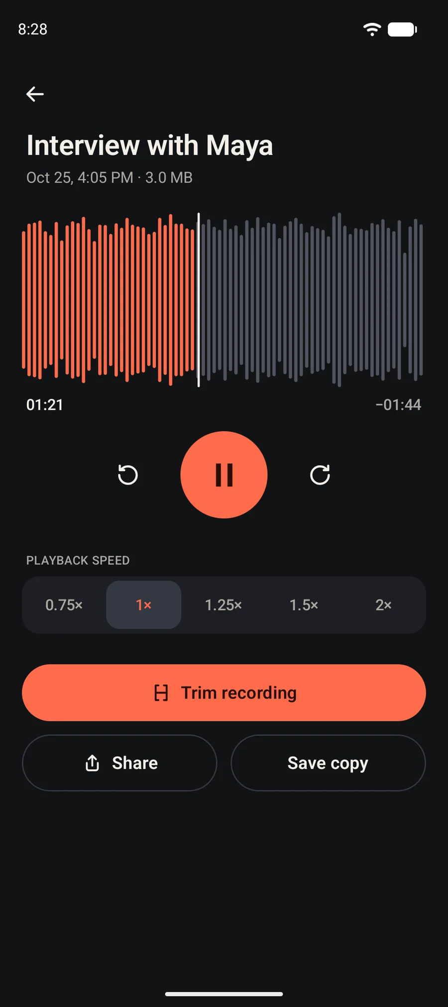 ClearRec player with a large waveform, play button and a playback speed selector