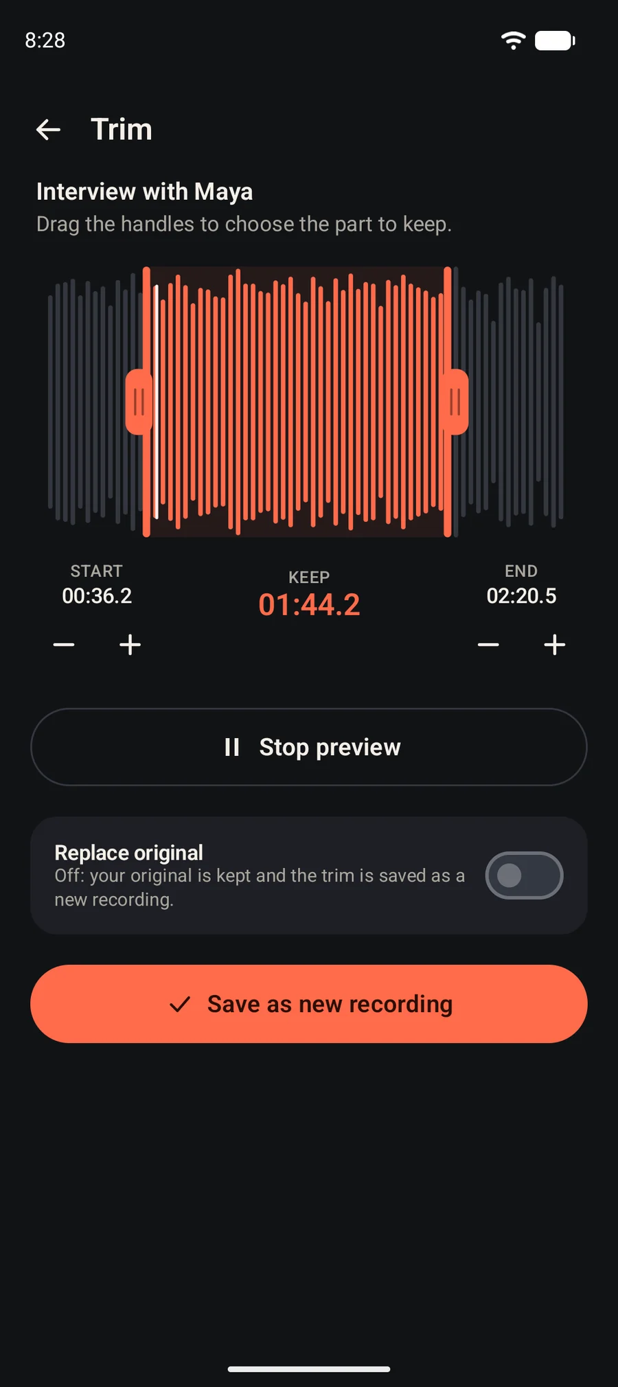 ClearRec trim screen with start and end handles on a waveform and a Replace original switch